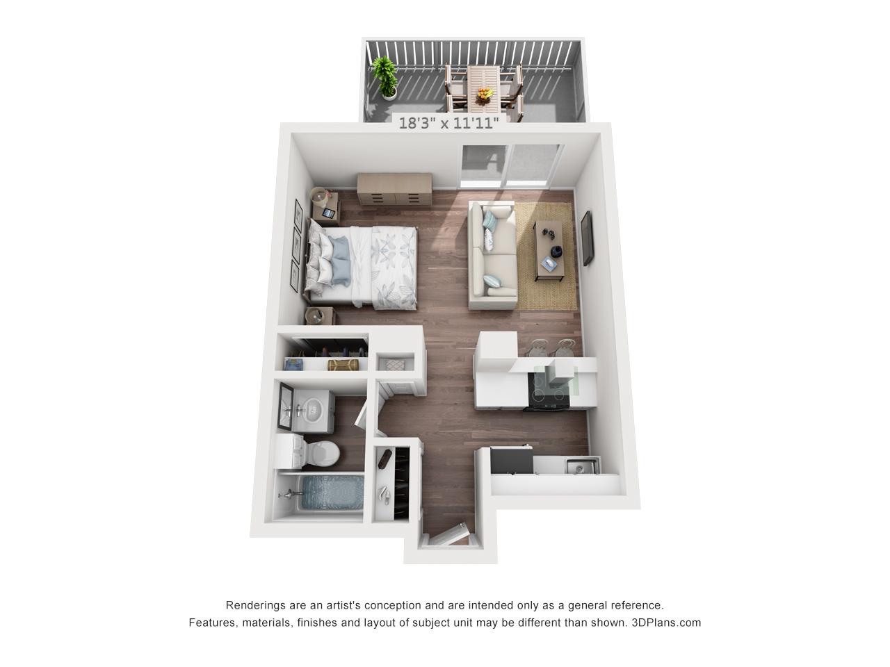 Floor plan for studio, 1 bath, 430 sqft
